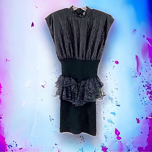 Vintage 80s Black Lace Fitted Peplum Dress Shoulder Pad Glamour - Picture 4 of 9